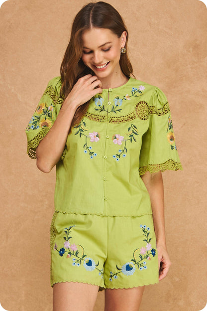 Chartreuse Embroidered Floral Set