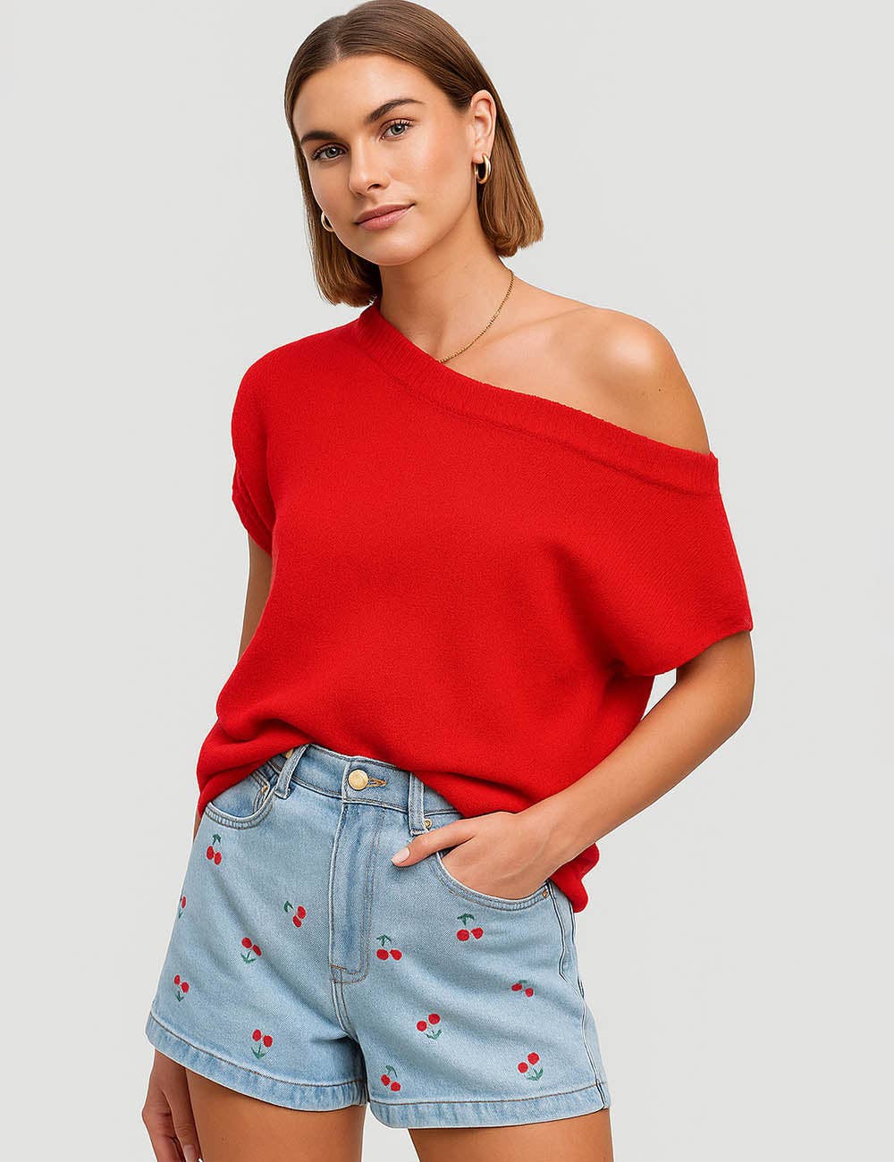 Red One Shoulder Short Sleeve Knit Top