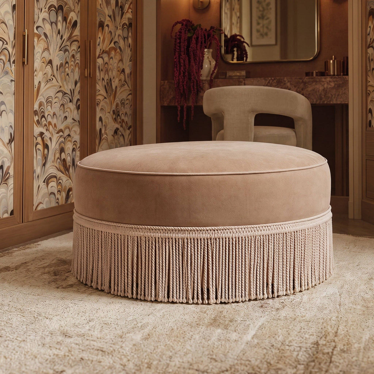 Pink Tasseled Round Ottoman
