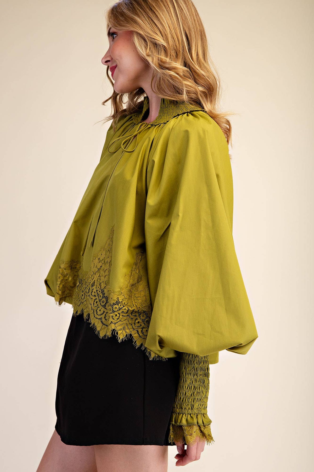 Plum Lace Puff-Sleeve Blouse