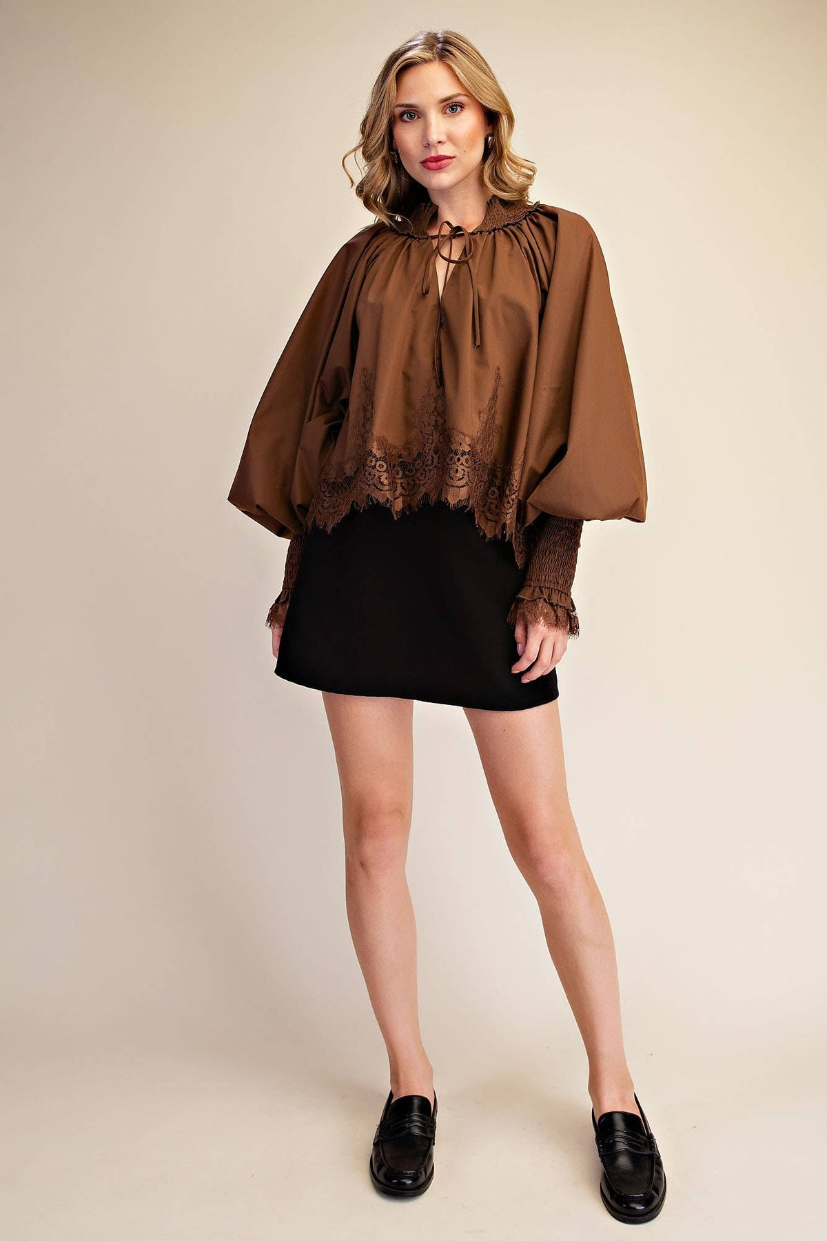 Plum Lace Puff-Sleeve Blouse