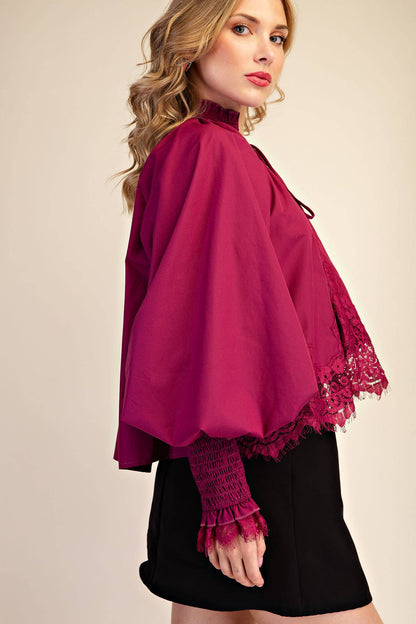 Plum Lace Puff-Sleeve Blouse