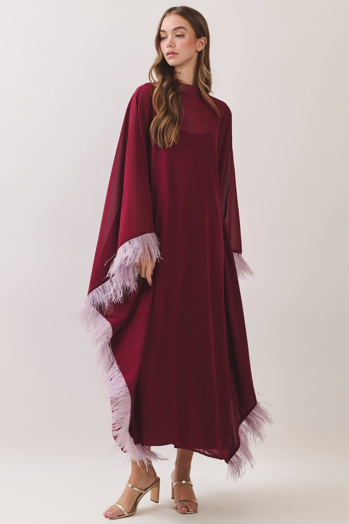 Burgundy Caftan with Feathers