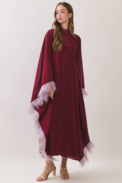 Burgundy Caftan with Feathers