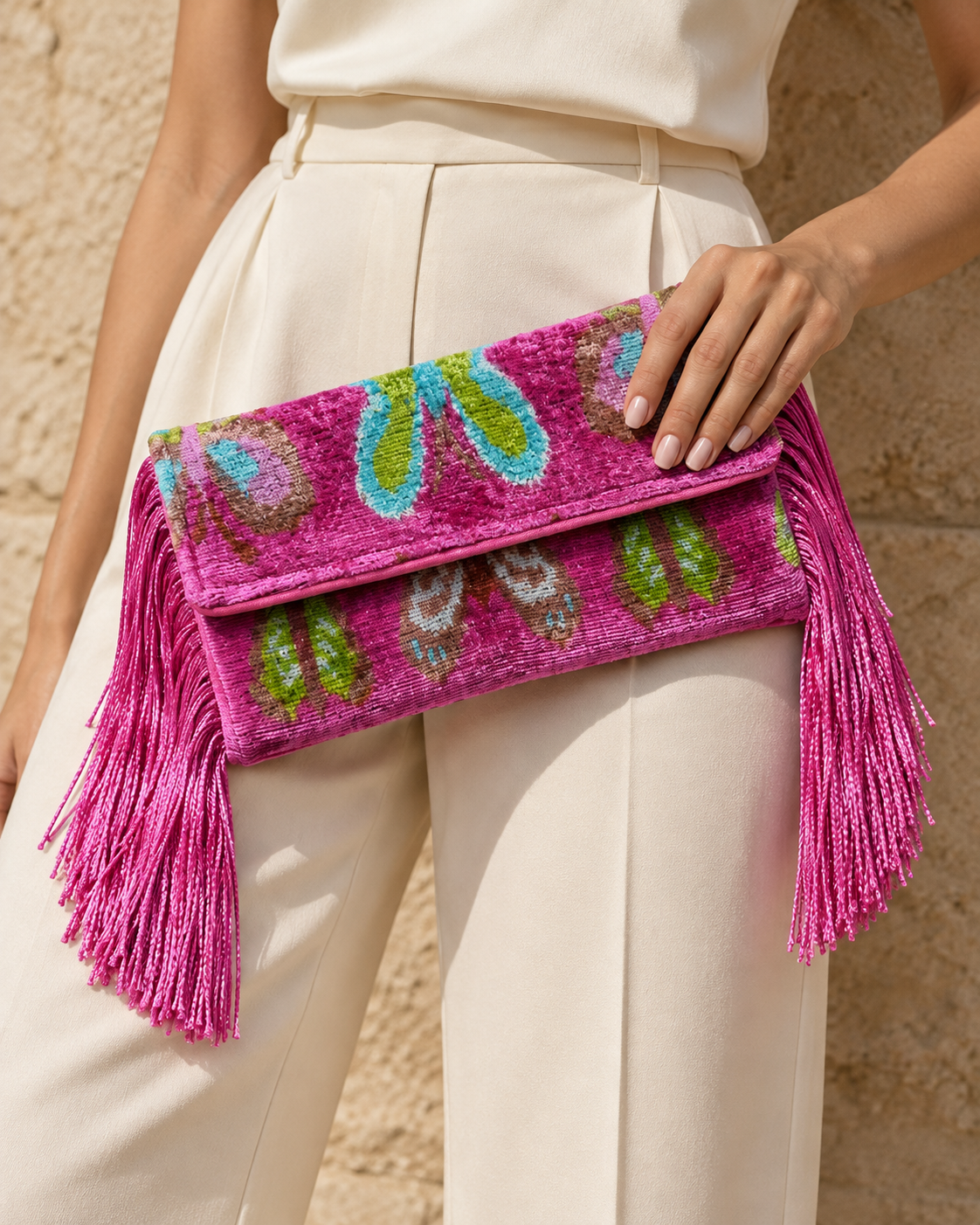 Pink Butterfly Ikat Fringe Clutch