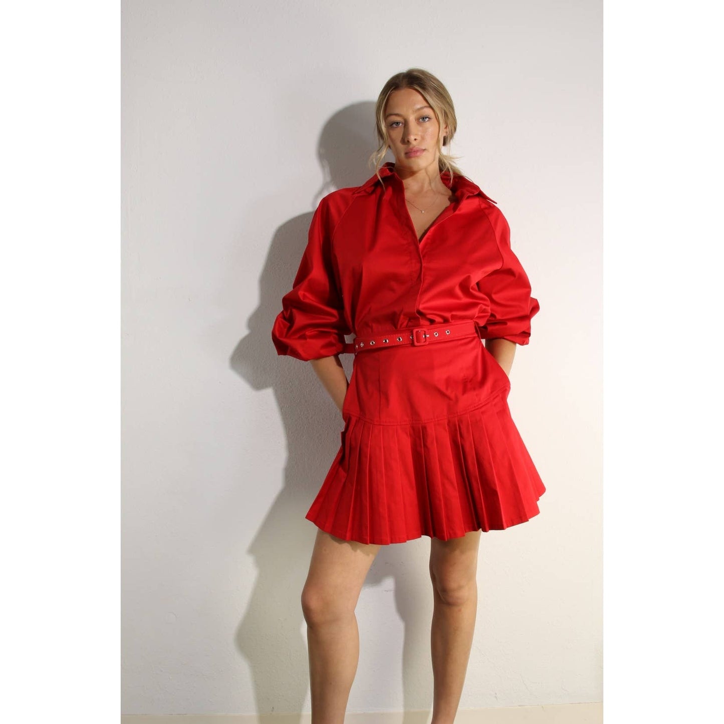 RED SHIRT AND PLEATED SKIRT SET