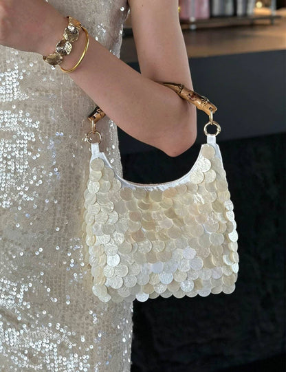 Trendy Shell Bamboo Handle Evening Handbag Bag MK2BLC6W10BBG316: Beige