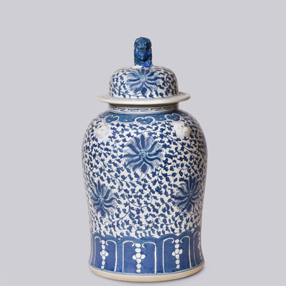 Blue and White Porcelain Scrolling Lotus Rondelle Temple Jar