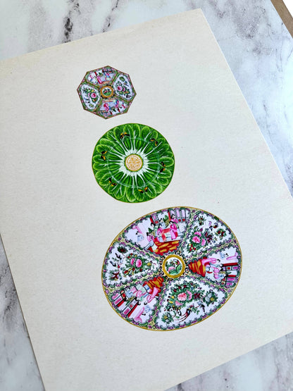 Chinoiserie Bok Choy Rose Medallion Plates Wall Art Prints