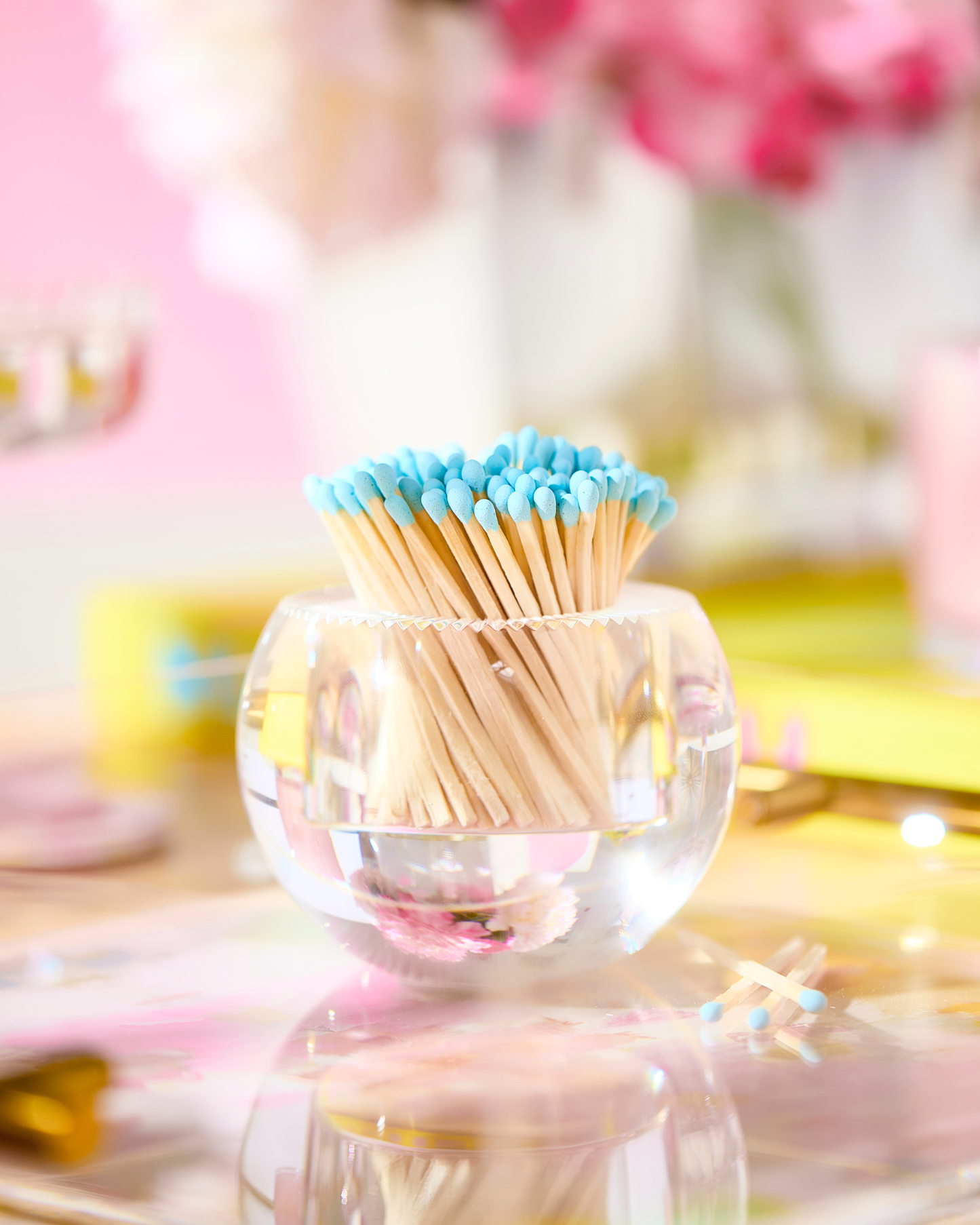 Light Blue Matches in Round Glass Container