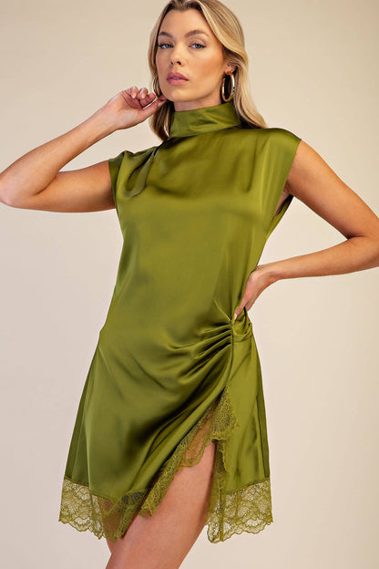 Olive High Neck Lace Mini Dress