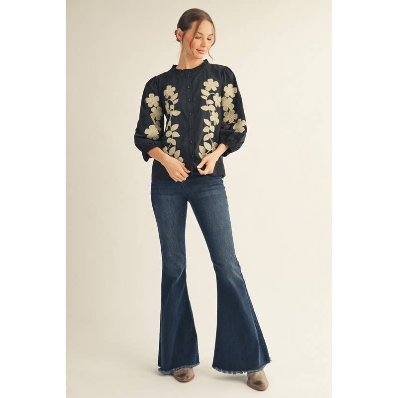 Black Top - Embroidered Flower