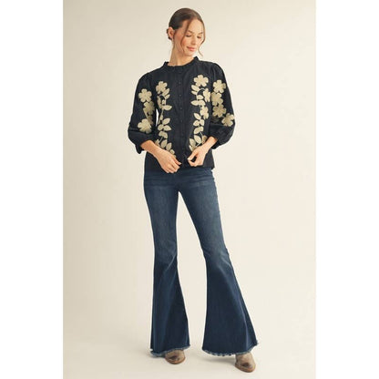 Black Top - Embroidered Flower