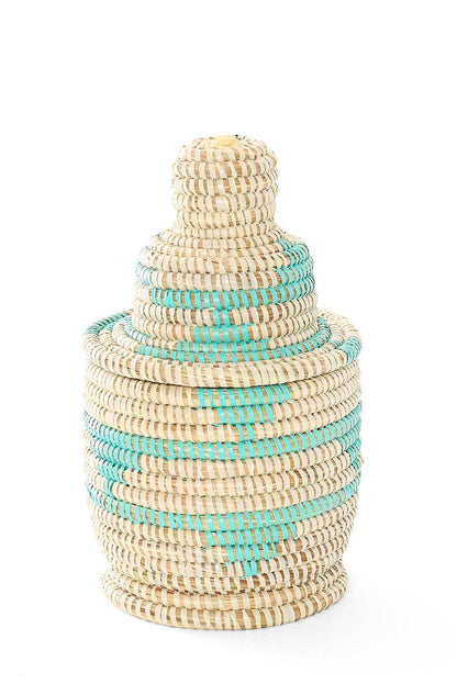 Small Cream & Aqua Lidded Tower Basket