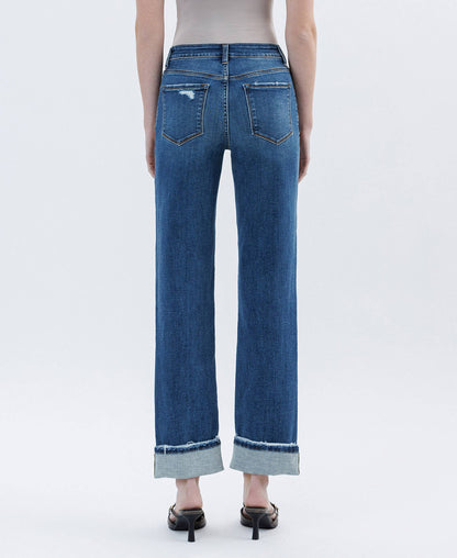 DARK WASH CUFFED STRAIGHT JEANS