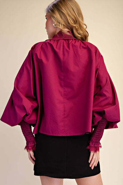 Plum Lace Puff-Sleeve Blouse