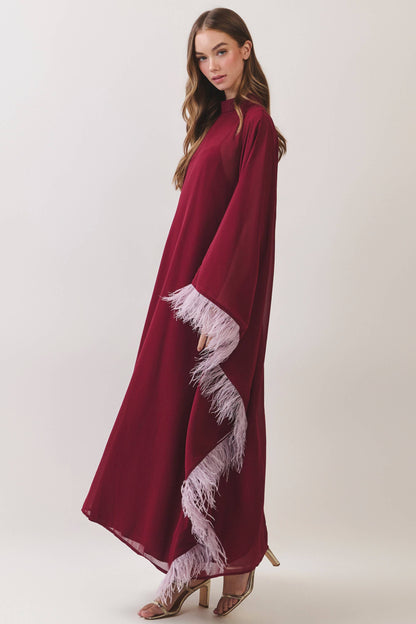 Burgundy Caftan with Feathers