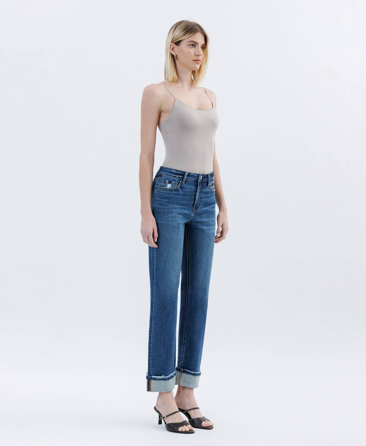 DARK WASH CUFFED STRAIGHT JEANS