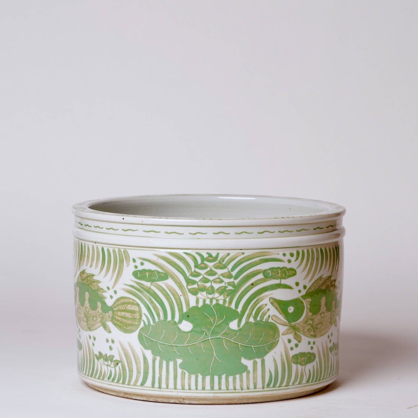 Green & White Fish & Lotus Wide Cachepot