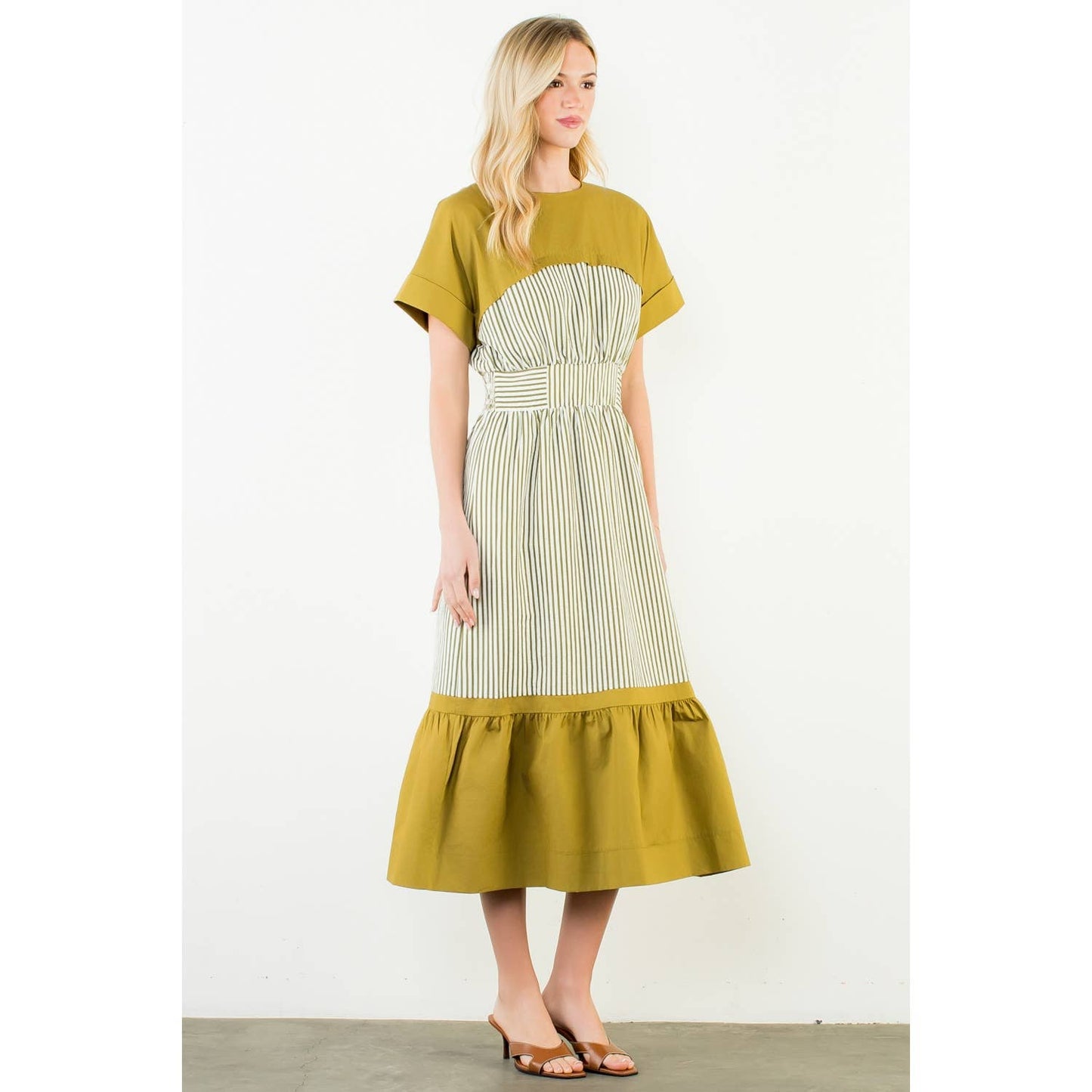 Olive Striped Midi Dress