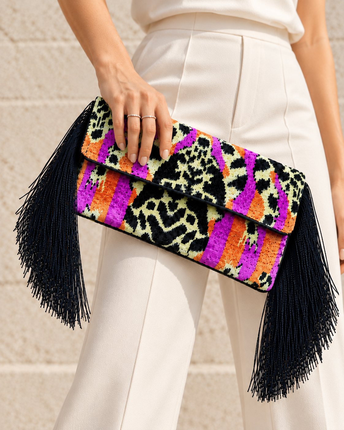 Fuchsia Leopard Ikat Fringe Clutch