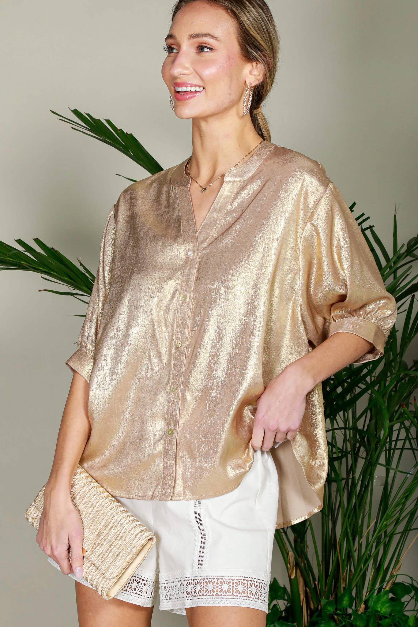 Metallic Woven Top - Champagne