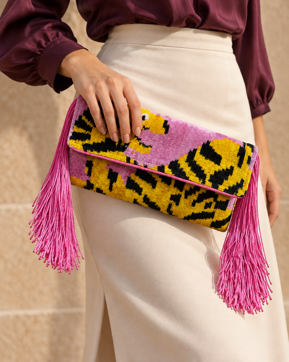 Pink Tiger Ikat Fringe Clutch