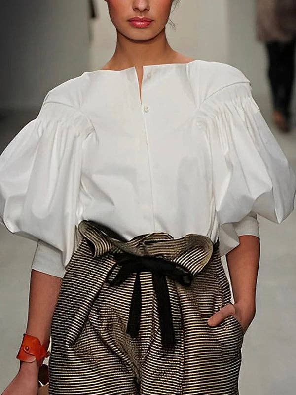 White Buttoned Puff Sleeve