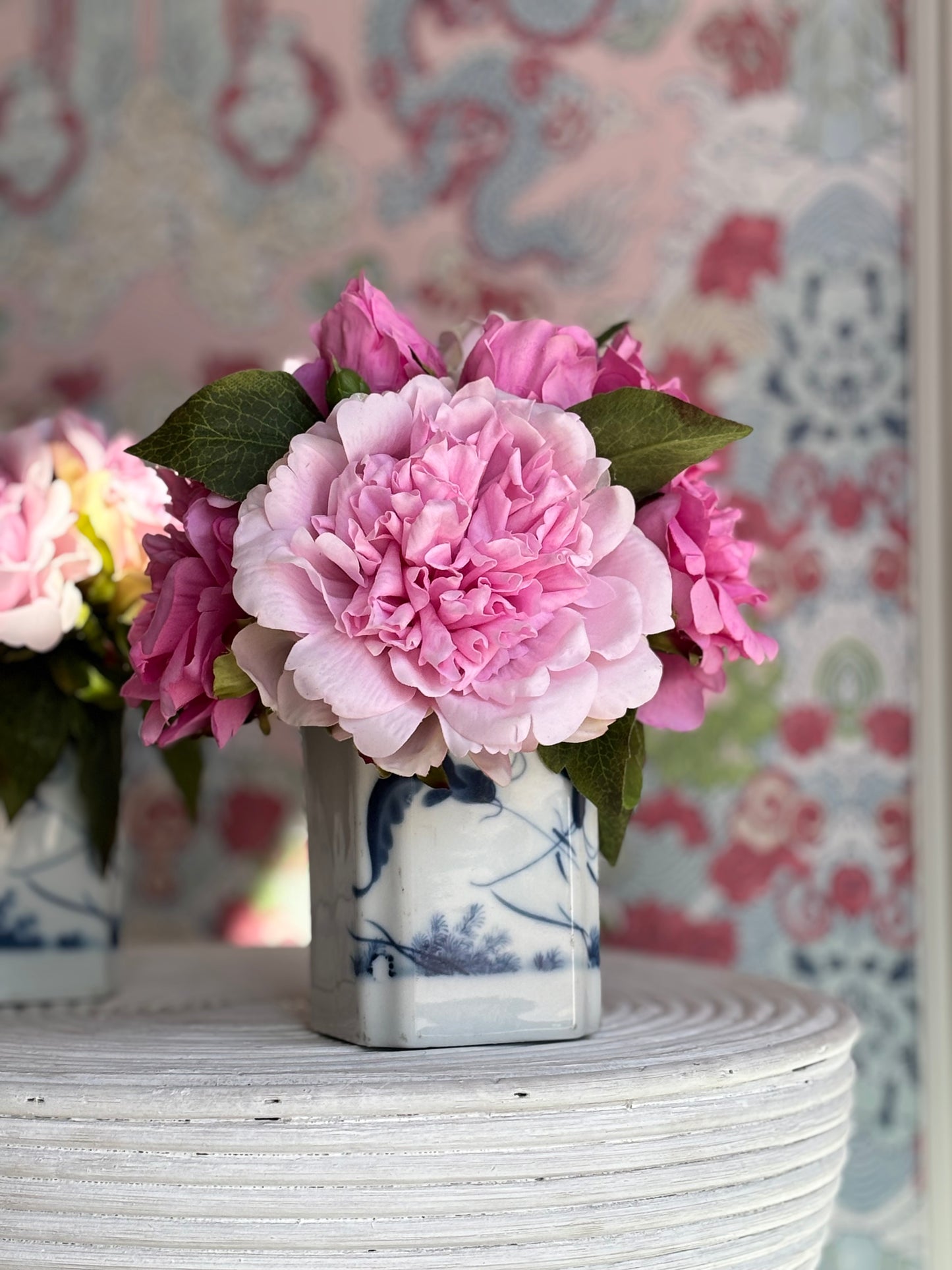 Pink Peony's In Small Blue & White Jar