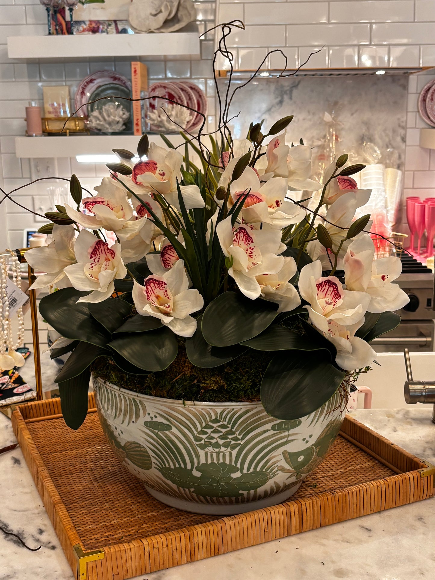 Wild Orchids in Green & White Bowl