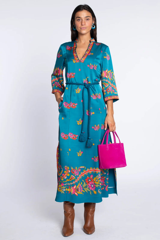 Talia Dress in Teal Scroll