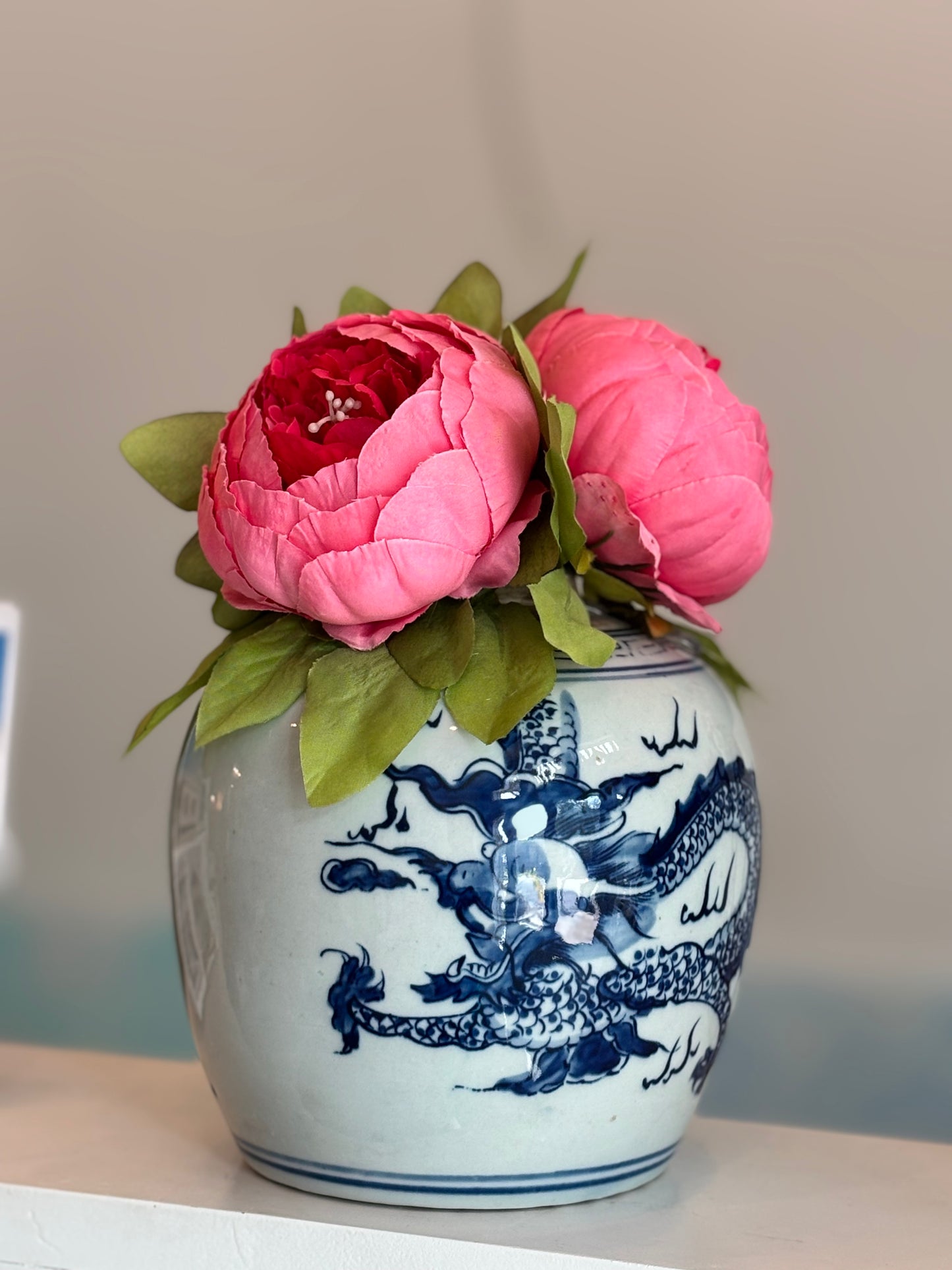 Pink Peony's In Small Blue & White Jar