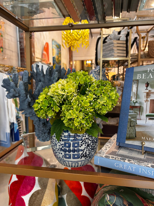 Snowball Hydrangeas in Blue & White Pot