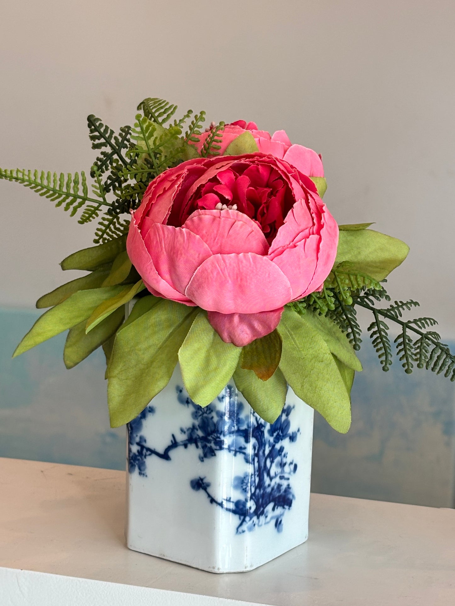 Pink Peony's In Small Blue & White Jar