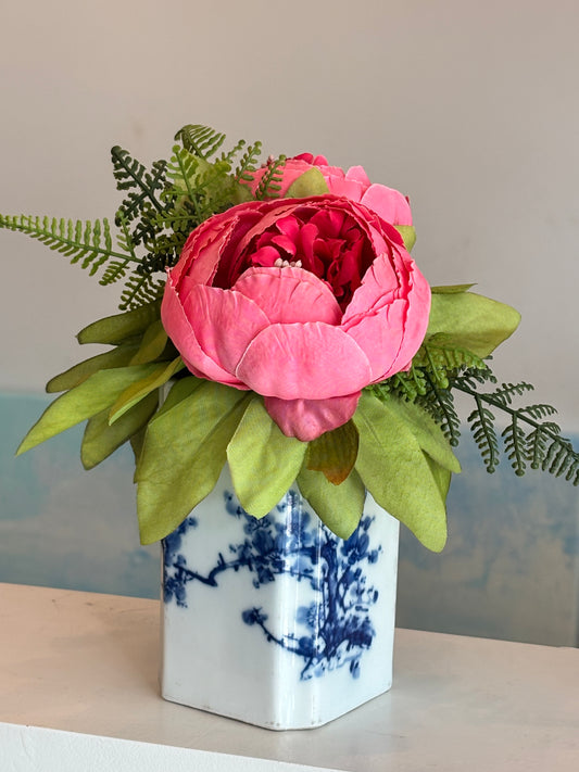 Pink Peony's In Small Blue & White Jar