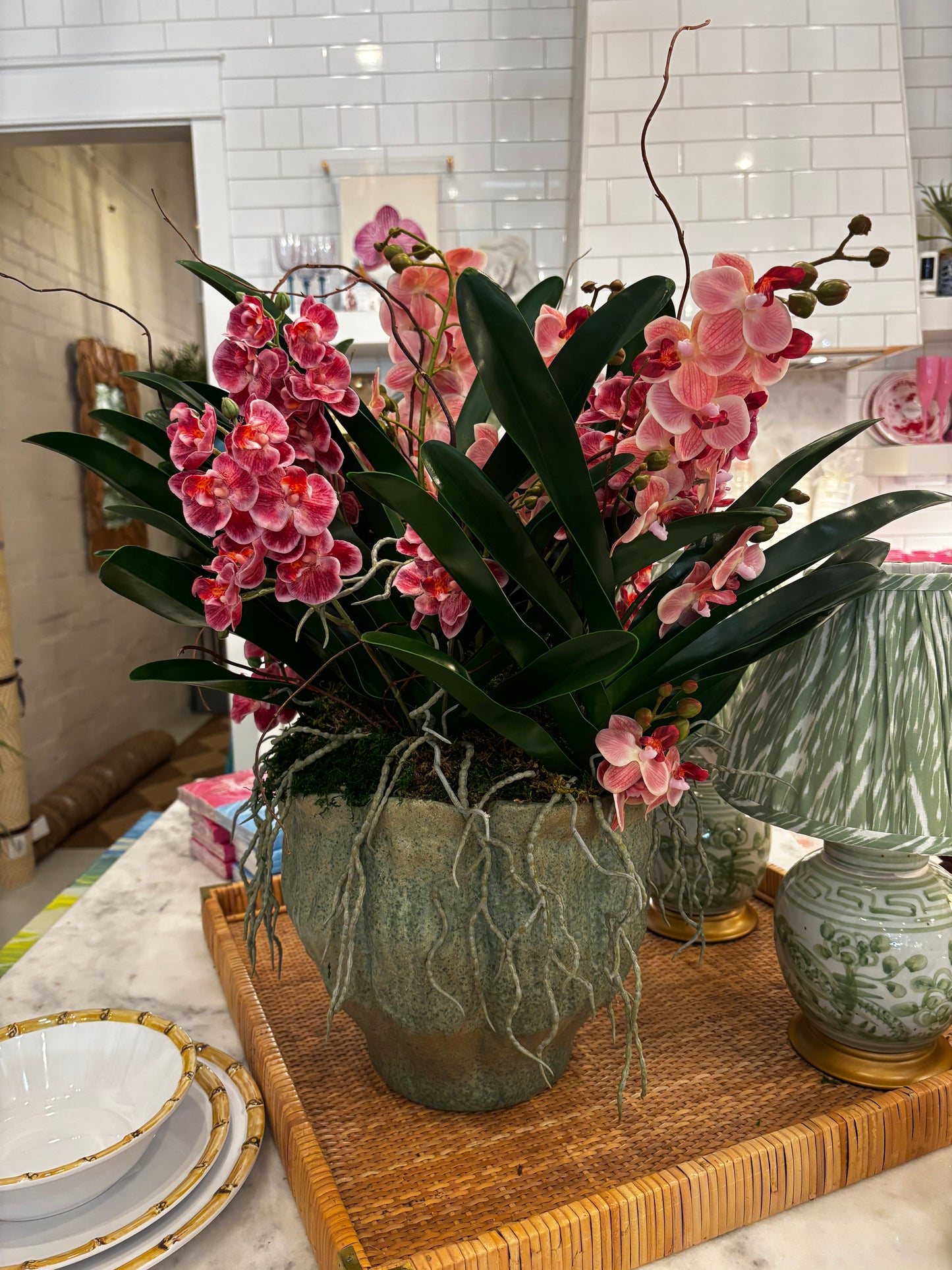 Wild Pink Orchids in Green Vase