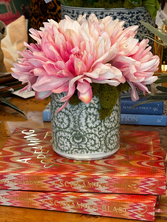 Pink Dahlias in Green & White Pot