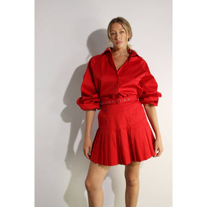 RED SHIRT AND PLEATED SKIRT SET