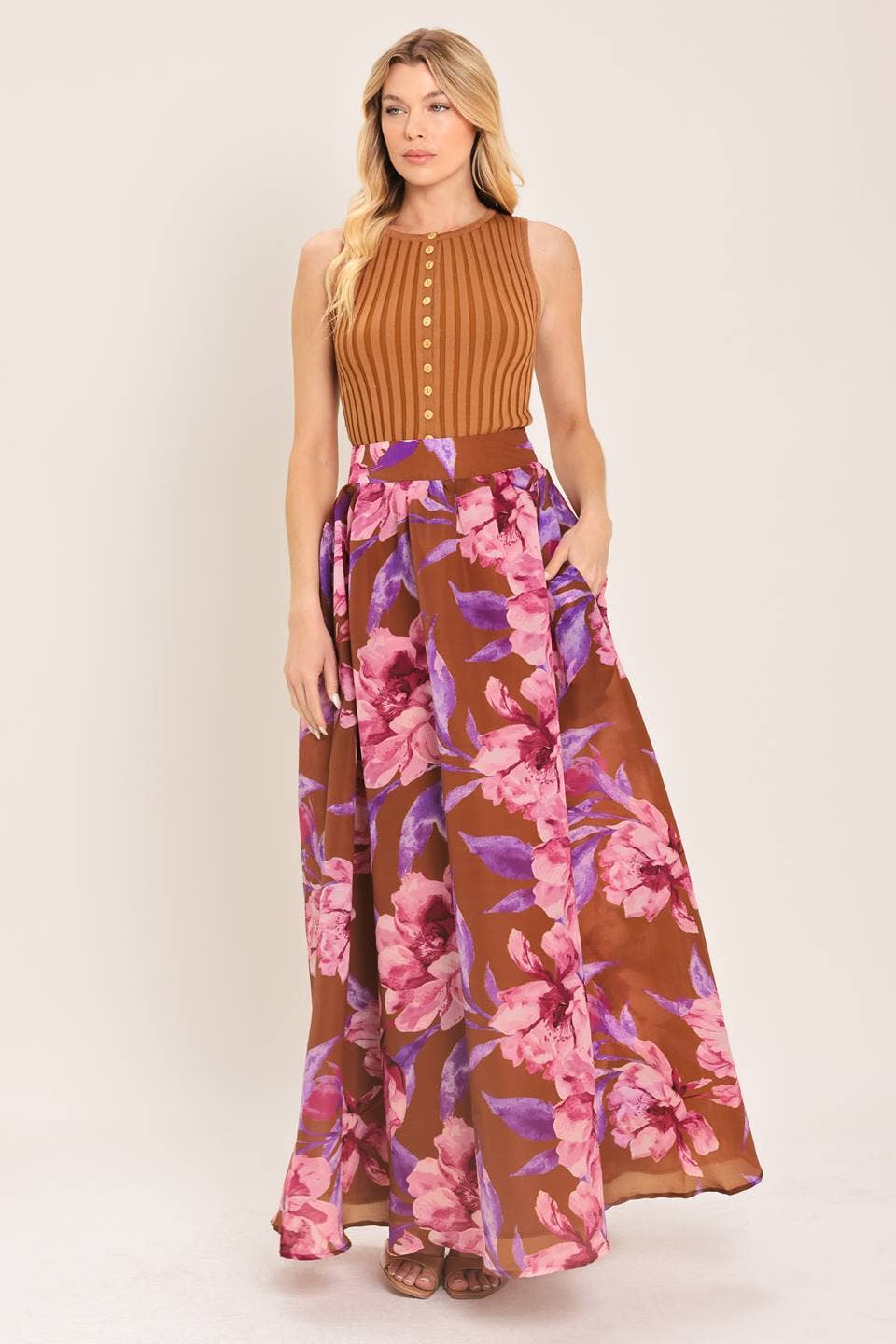 Pink & Brown Floral Skirt Set