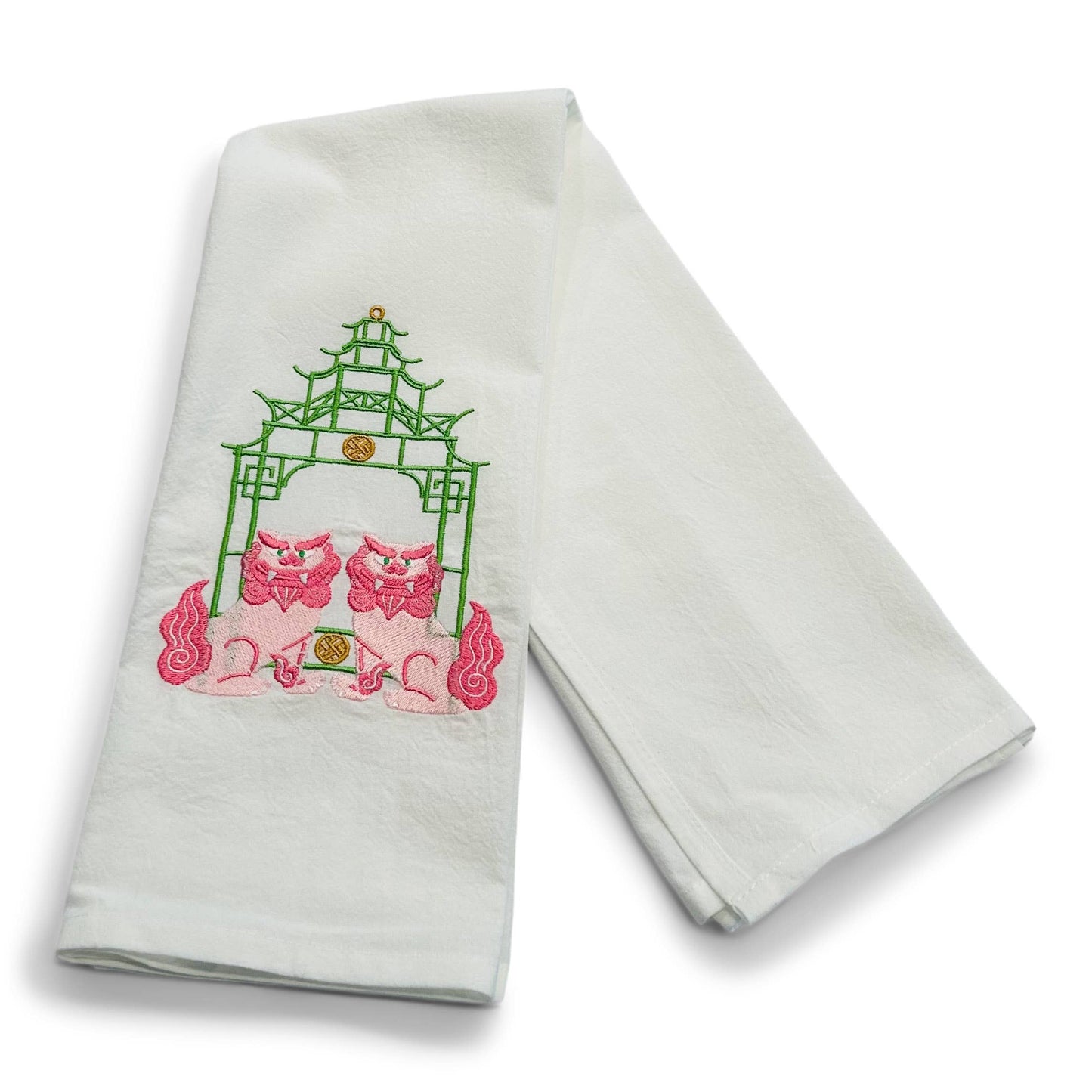 Pink Shisa Lions /Green Pagoda Towel