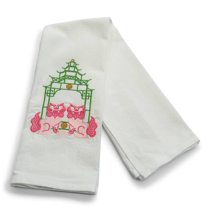 Pink Shisa Lions /Green Pagoda Towel