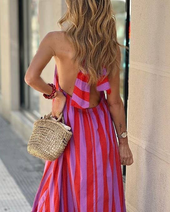 Pink & Red Striped Halter Dress