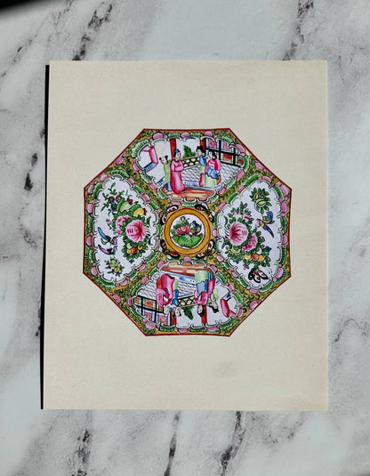 Framed Rose Medallion Plate Chinoiserie Print - 8x10