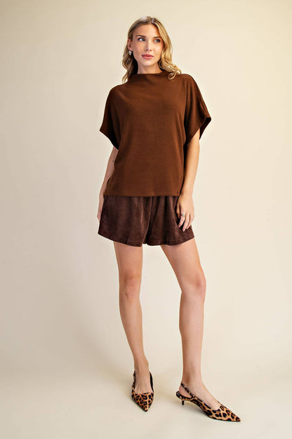 Mock Neck Short Sleeve Pullover Knit Top: Black / S