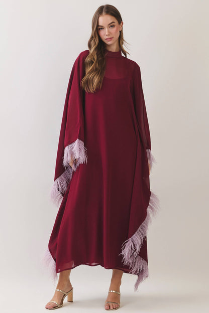 Burgundy Caftan with Feathers