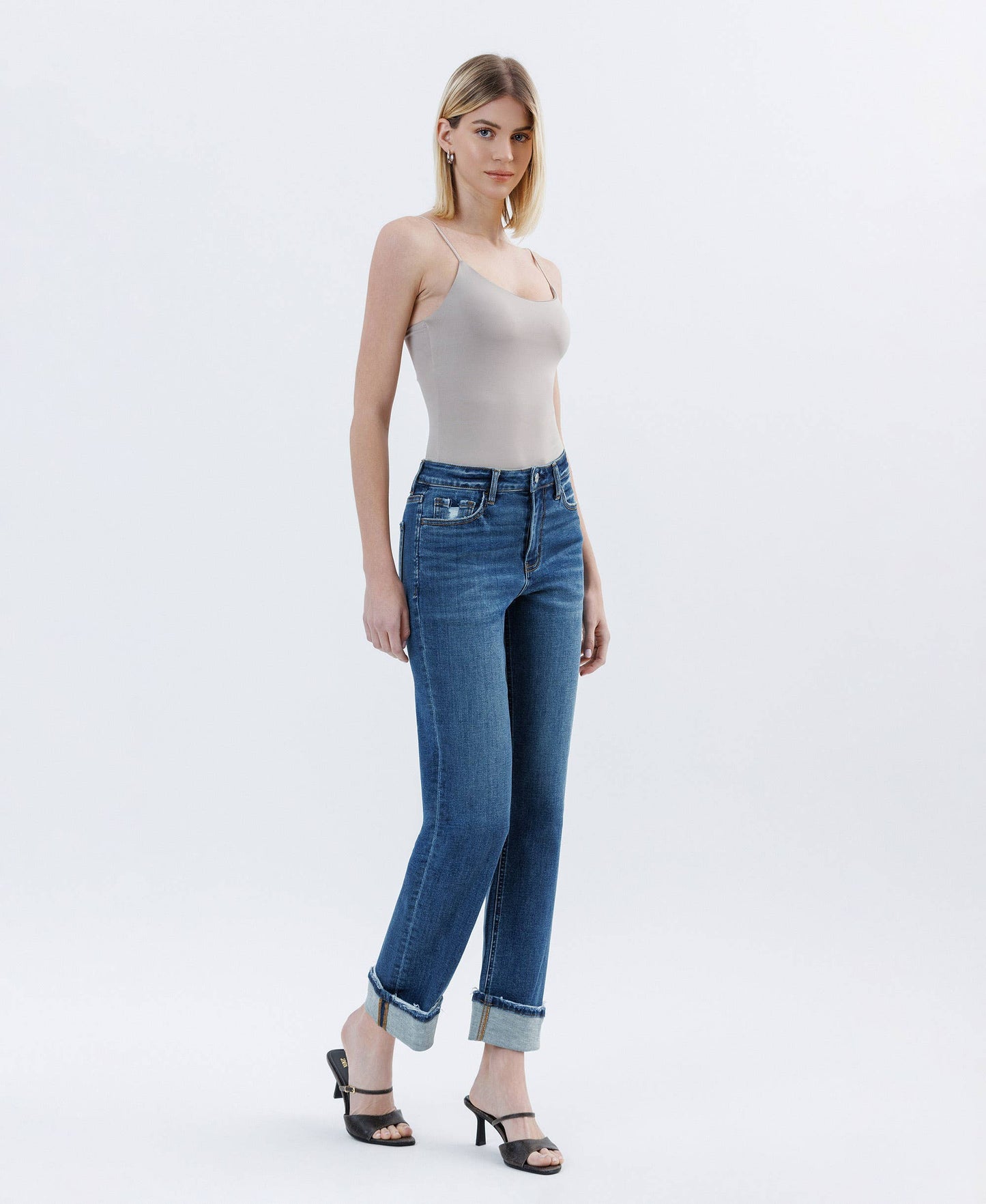 DARK WASH CUFFED STRAIGHT JEANS