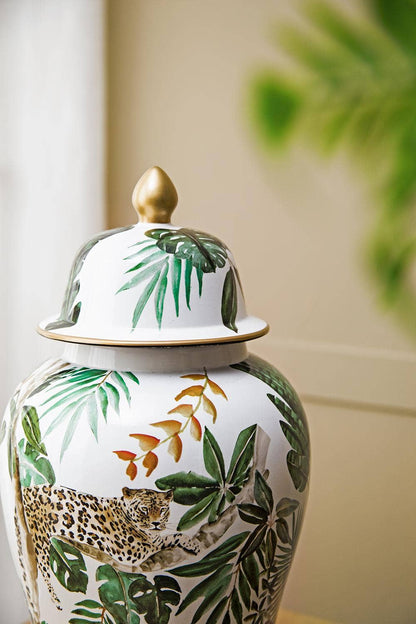 D9.5x18" White and Green Leaf Pattern Ginger Jar