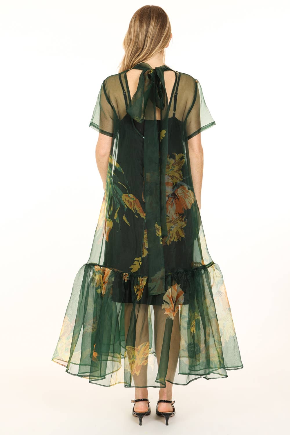 Green Floral Printed Sheer Maxi Dress