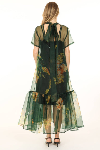 Green Floral Printed Sheer Maxi Dress