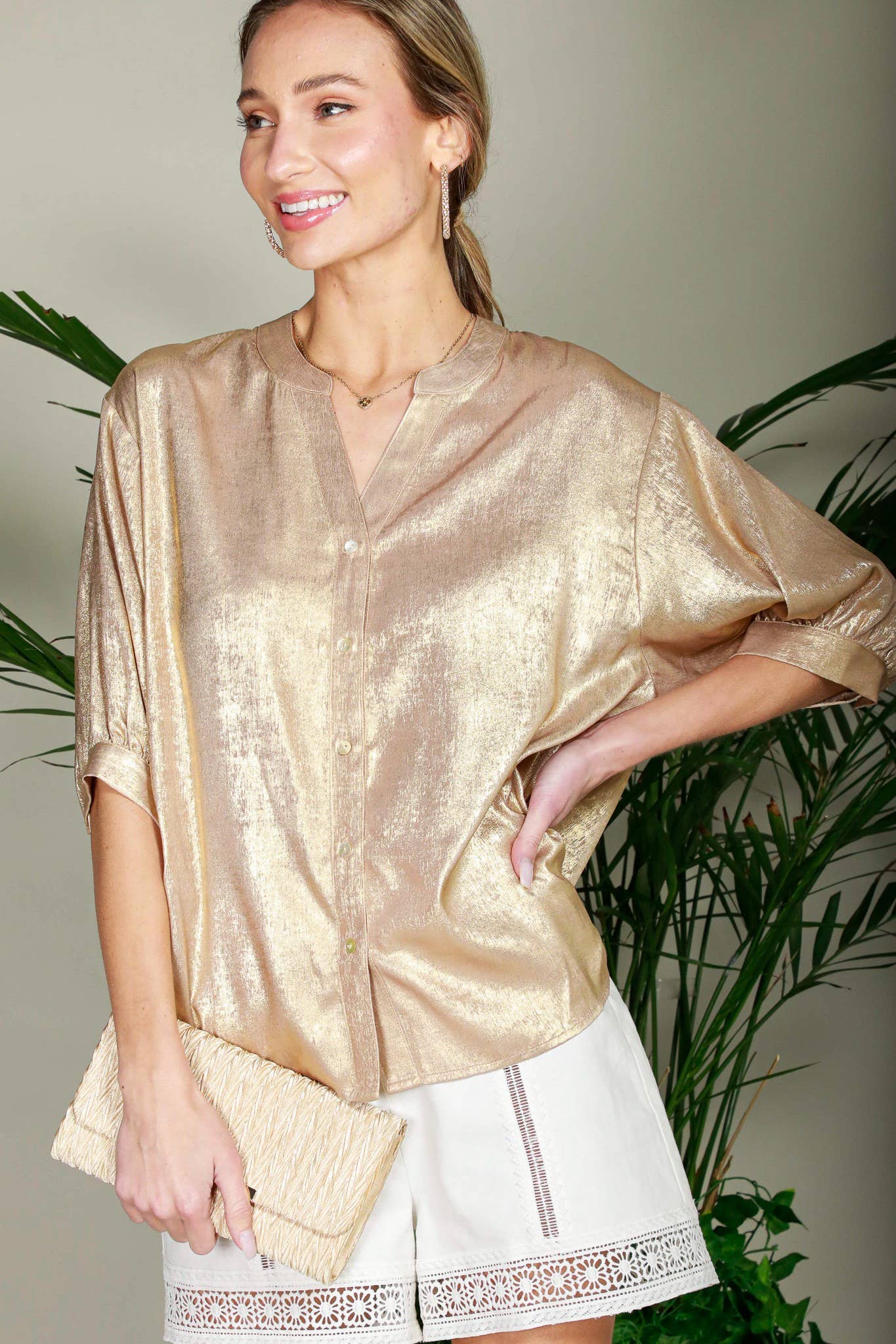 Metallic Woven Top - Champagne